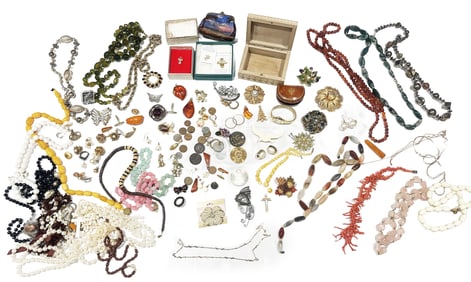 LOT OF COSTUME JEWELRY, STERLING, COINS