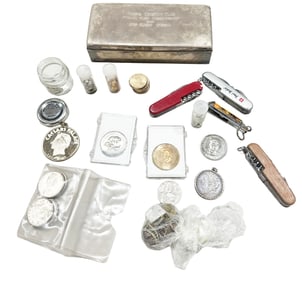 LOT OF COINS, STERLING SILVER BOX, POCKET KNIVES