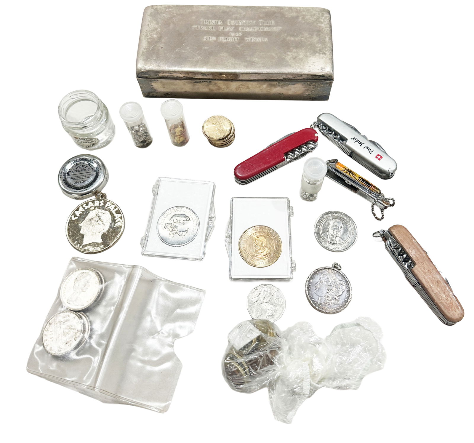 LOT OF COINS, STERLING SILVER BOX, POCKET KNIVES (1 of 2)