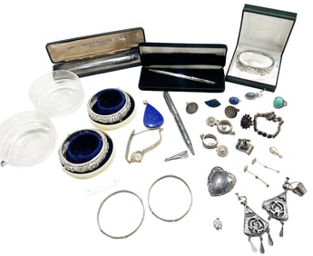 LOT OF SILVER BRACELETS, PENS, PLATED WATCH