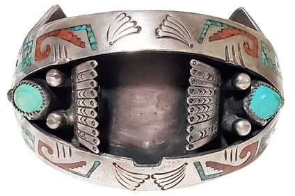 NATIVE AMERICAN SIGNED SILVER TURQUOISE CUFF