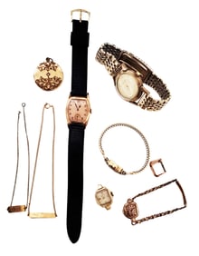 LOT OF (8) PCS.- JEWELRY, 14KT CHAIN, WRISTWATCHES