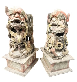 PAIR OF CHINESE CARVED WOOD FOO LIONS
