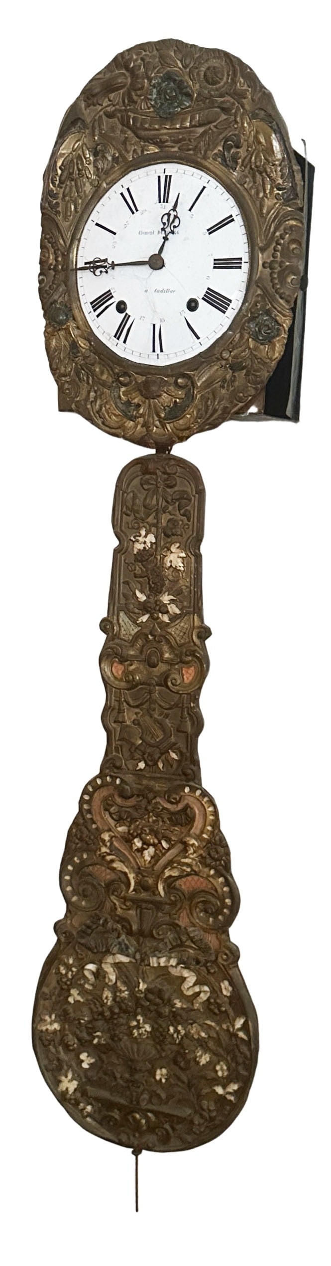 FRENCH ANTIQUE BRASS MORBIER WALL CLOCK: with porcelain dial