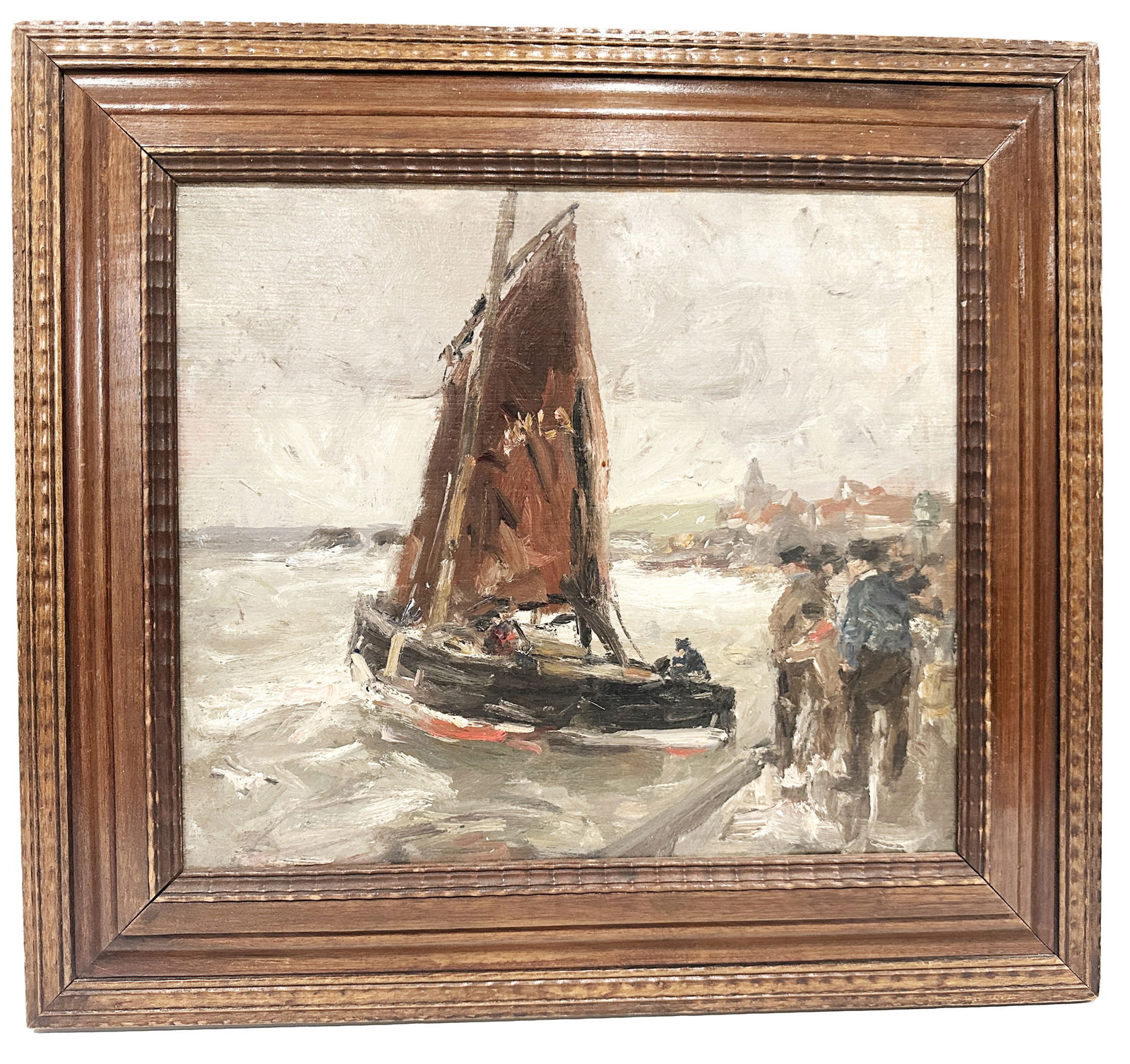 HENDRIK WILLEM MESDAG (UNSIGNED) OIL ON BOARD: Mesdag was a Dutch painter and the Hague School. Subject- Fish Cutter On the Dutch Coast Sight- 11" x 13" Overall- 17" x 19" Third party shipping only for this lot