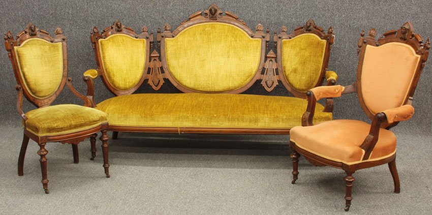 VICTORIAN WALNUT RENAISSANCE REVIVAL WALNUT THREE PIECE: VICTORIAN WALNUT RENAISSANCE REVIVAL WALNUT THREE PIECE PARLOR SET in the manner of JOHN JELIFF