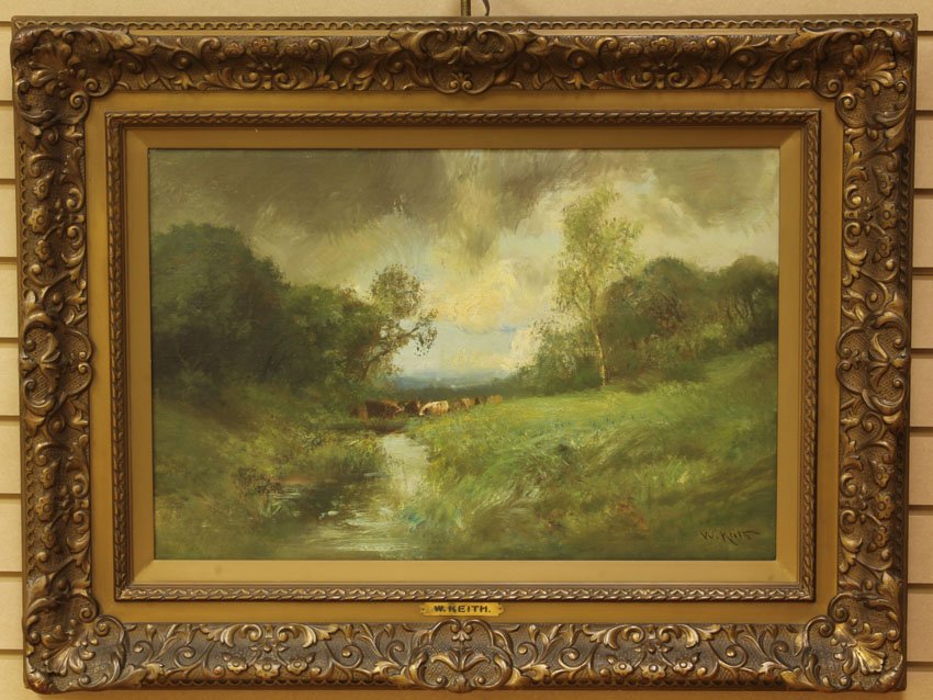 WILLIAM KEITH OIL ON CANVAS Pastoral Landscape with cow: WILLIAM KEITH OIL ON CANVAS Pastoral Landscape with cows sight- 15 1/2" x 23 1/2"
