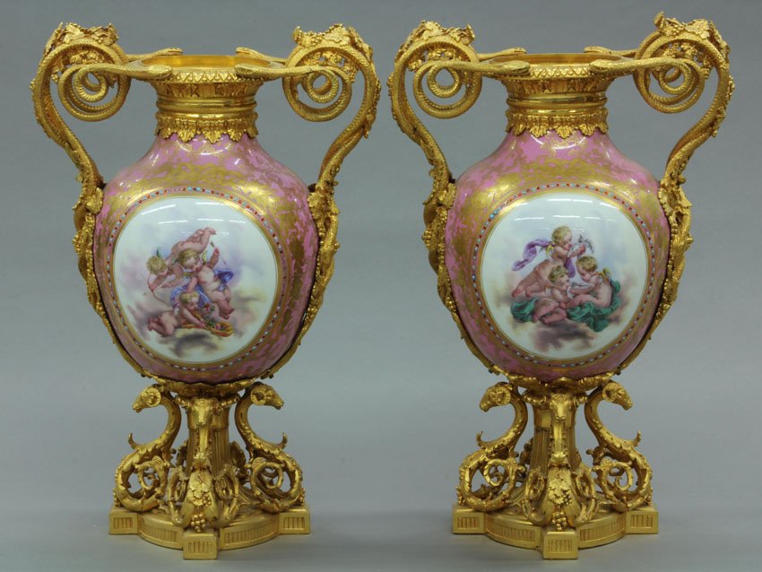 PAIR OF LOUIS XV STYLE GILT BRONZE PORCELAIN URNS signe: PAIR OF LOUIS XV STYLE GILT BRONZE PORCELAIN URNS signed SEVRES height- 17 1/4"