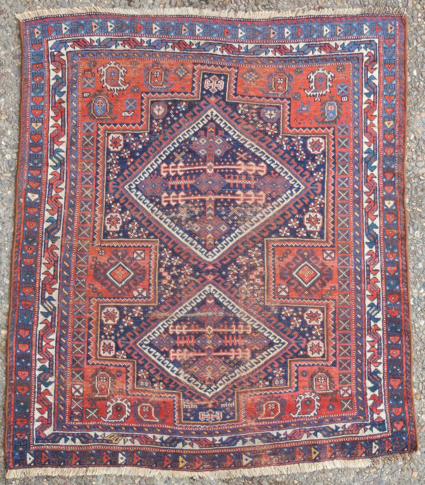 EARLY SOUTHWEST PERSIAN TRIBAL CARPET overall- 46"x 54": EARLY SOUTHWEST PERSIAN TRIBAL CARPET overall- 46"x 54"