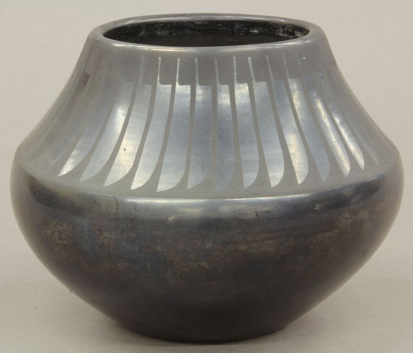 SAN ILDEFONSO PUEBLO BOWL signed Marie and Santana Blac: SAN ILDEFONSO PUEBLO BOWL signed Marie and Santana Black on Black with feather pattern height- 5 1/2", diameter- 7"