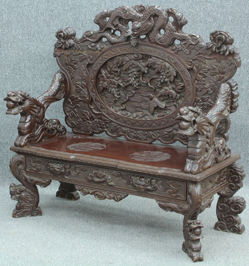 JAPANESE CARVED HALL BENCH with full dragons circa 1900: JAPANESE CARVED HALL BENCH with full dragons circa 1900 height- 51", width- 52"