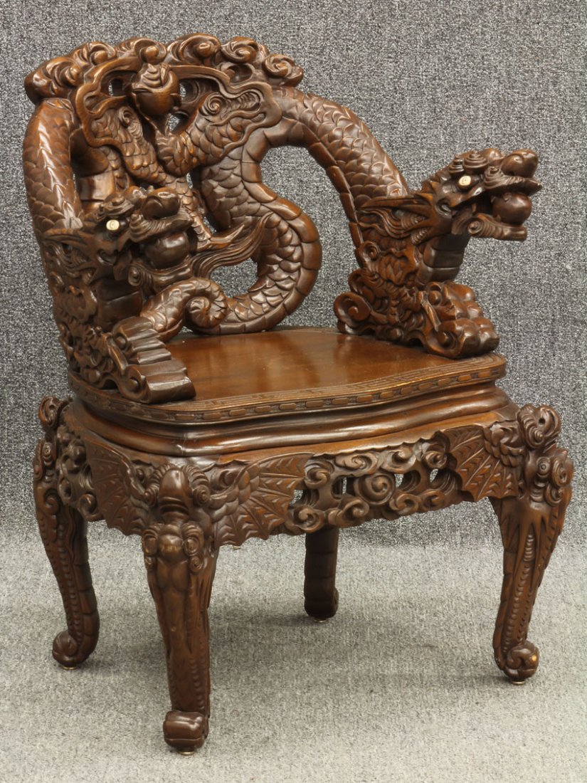 JAPANESE CARVED ARM CHAIR with dragons circa early to m: JAPANESE CARVED ARM CHAIR with dragons circa early to mid- 20th century height- 33 1/2"