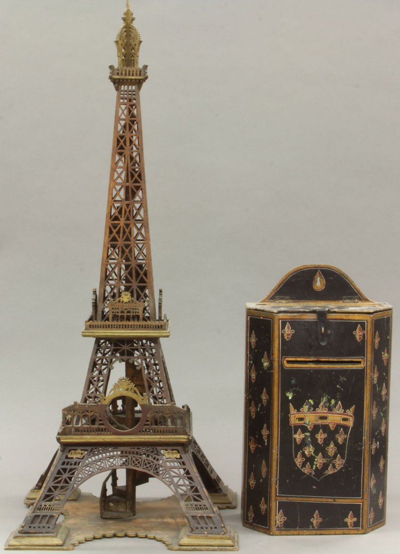 LOT OF (2) WOOD CARVINGS Eiffle Tower and mail box heig: LOT OF (2) WOOD CARVINGS Eiffle Tower and mail box height- 17 3/4"- 36" note- damage/loss of tower