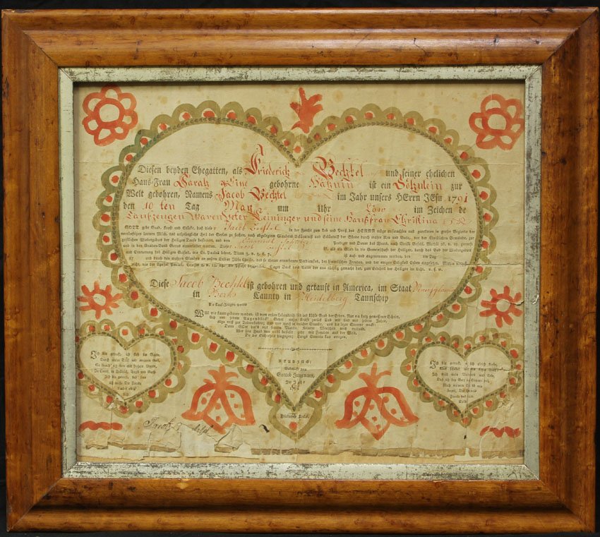 BIRTH/BAPTISMAL CERTIFICATE dated 1791 Heart hand paint: BIRTH/BAPTISMAL CERTIFICATE dated 1791 Heart hand painted around print sight- 12 1/2" x 15"