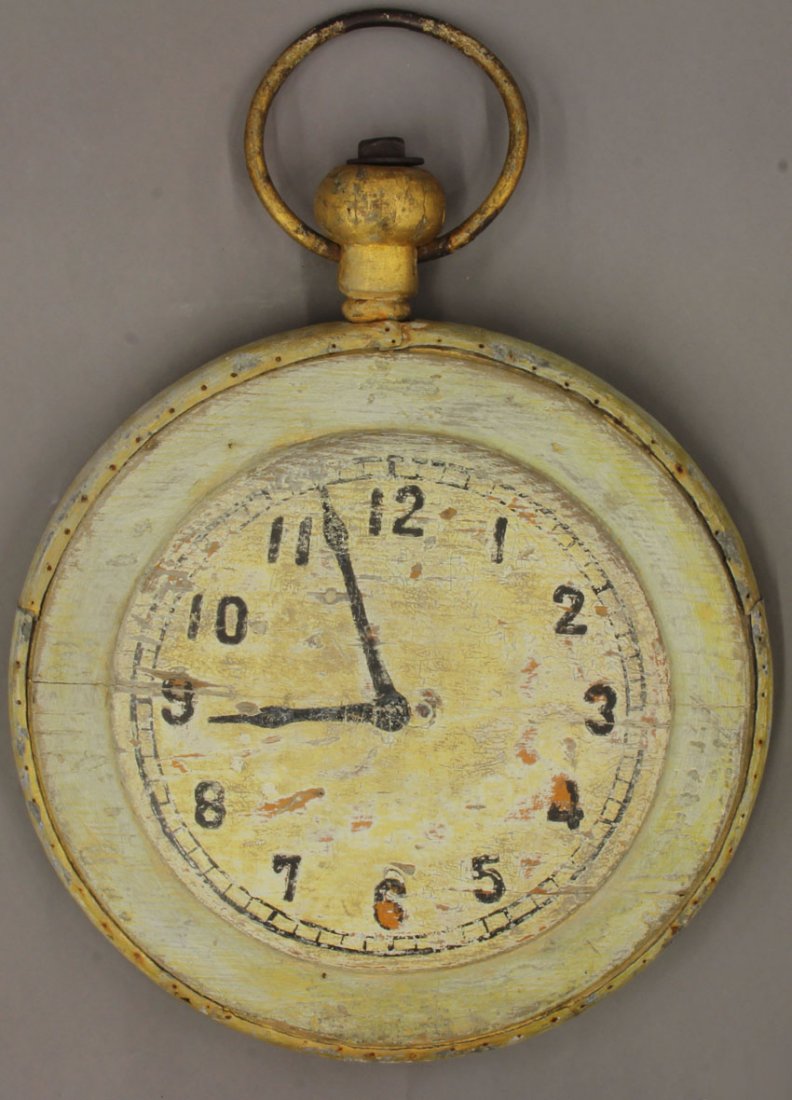 EARLY AMERICAN PAINTED TRADE CLOCK SIGN overall- 18": EARLY AMERICAN PAINTED TRADE CLOCK SIGN overall- 18"