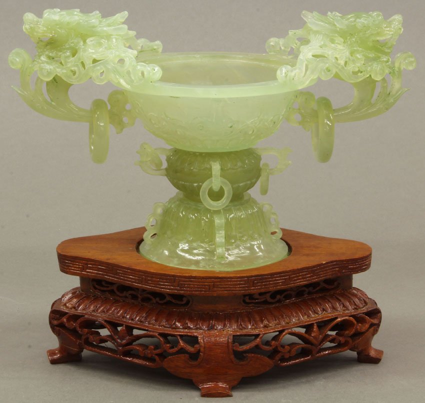 CHINESE CARVED SERPENTINE URN with stand overall height: CHINESE CARVED SERPENTINE URN with stand overall height- 7 1/4"