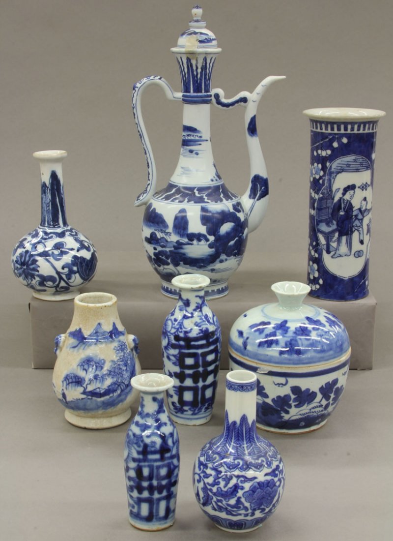 LOT OF (8) VINTAGE CHINESE BLUE AND WHITE PORCELAIN hei: LOT OF (8) VINTAGE CHINESE BLUE AND WHITE PORCELAIN height- 5" x 11 1/2" note- restoration and cracks