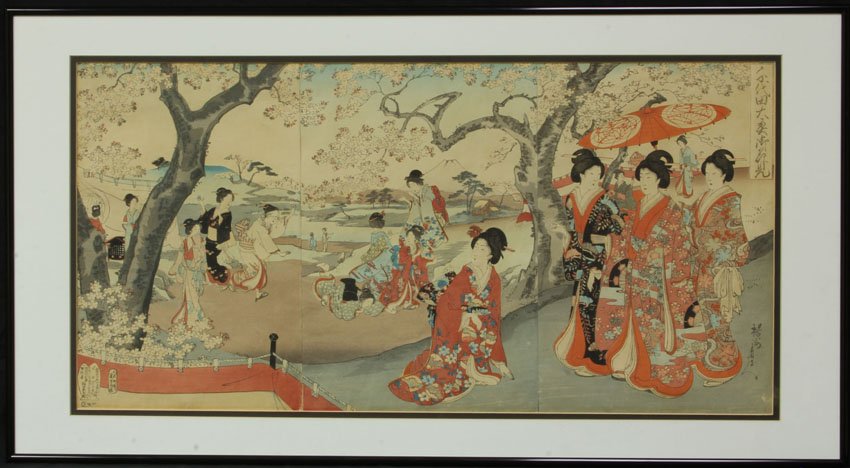 EARLY JAPANESE THREE PART WOOD BLOCK PRINT overall fram: EARLY JAPANESE THREE PART WOOD BLOCK PRINT overall framed- 18" x 33 1/2"