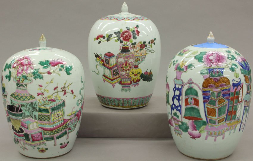 LOT OF (3) CHINESE PORCELAIN GINGER JARS circa 1900 hei: LOT OF (3) CHINESE PORCELAIN GINGER JARS circa 1900 height- 12 1/4" note- chips and cracks