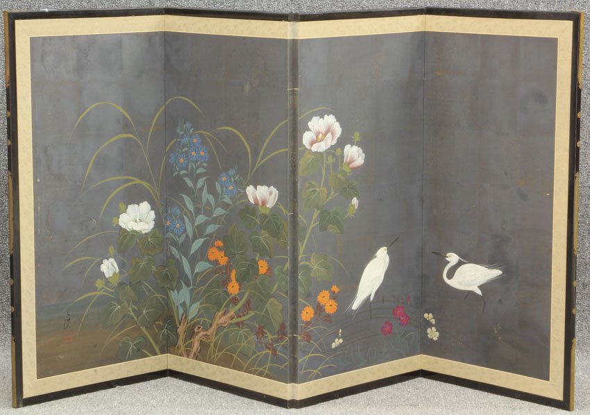 JAPANESE FOUR PANEL PAINTED SCREEN: JAPANESE FOUR PANEL PAINTED SCREEN