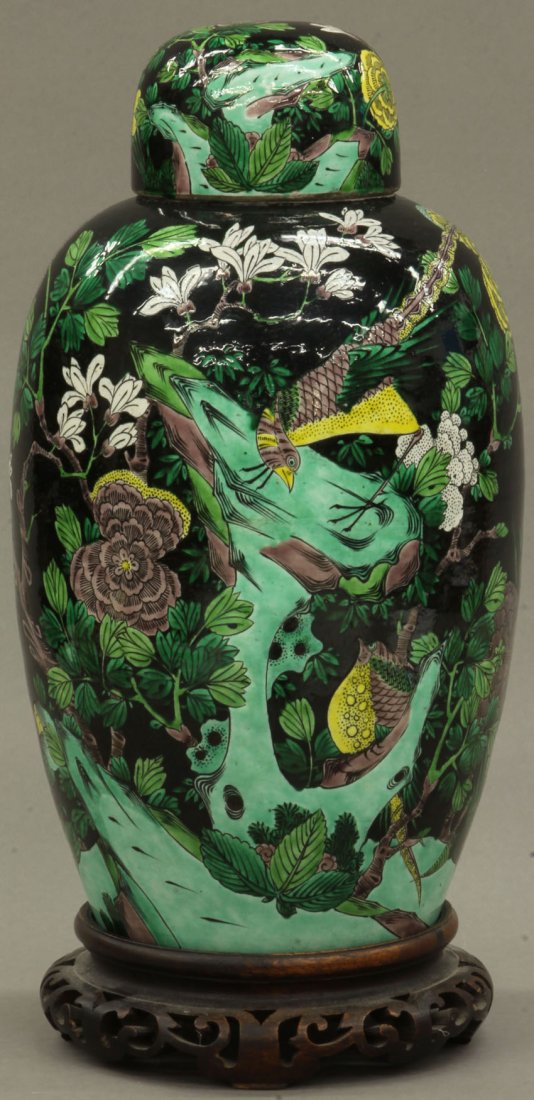 Chinese Porcelain Covered Vase With Stand Circa Late: CHINESE PORCELAIN COVERED VASE with stand circa late 19th/early 20th century height of vase- 15"
