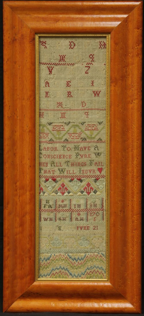 Early 18th Century Sampler Dated 1705 Overall- 11" X: EARLY 18TH CENTURY SAMPLER dated 1705 overall- 11" x 24 1/2"