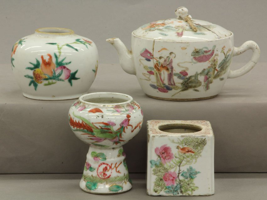 Lot Of (4) Qing Dynasty Porcelains - Teapot, Vases: LOT OF (4) QING DYNASTY PORCELAINS teapot, vases note- some damage, loss to paint height- 2 1/4"- 3 3/4"