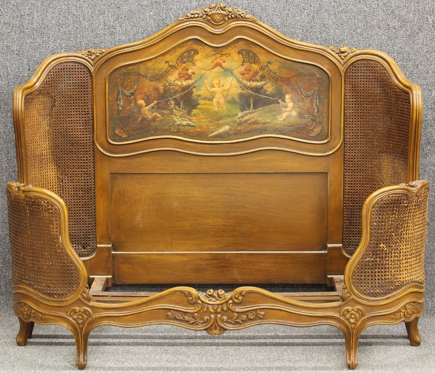 FRENCH WALNUT PAINTED BED circa early 20th century note: FRENCH WALNUT PAINTED BED circa early 20th century note- some loss