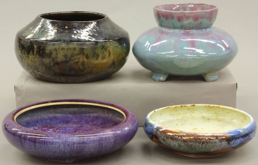 LOT OF (4) CHINESE VINTAGE LOW BOWLS diameter- 7"- 8": LOT OF (8) CHINESE FLAMBE POTTERY VESSELS height- 4"- 8" note- chips