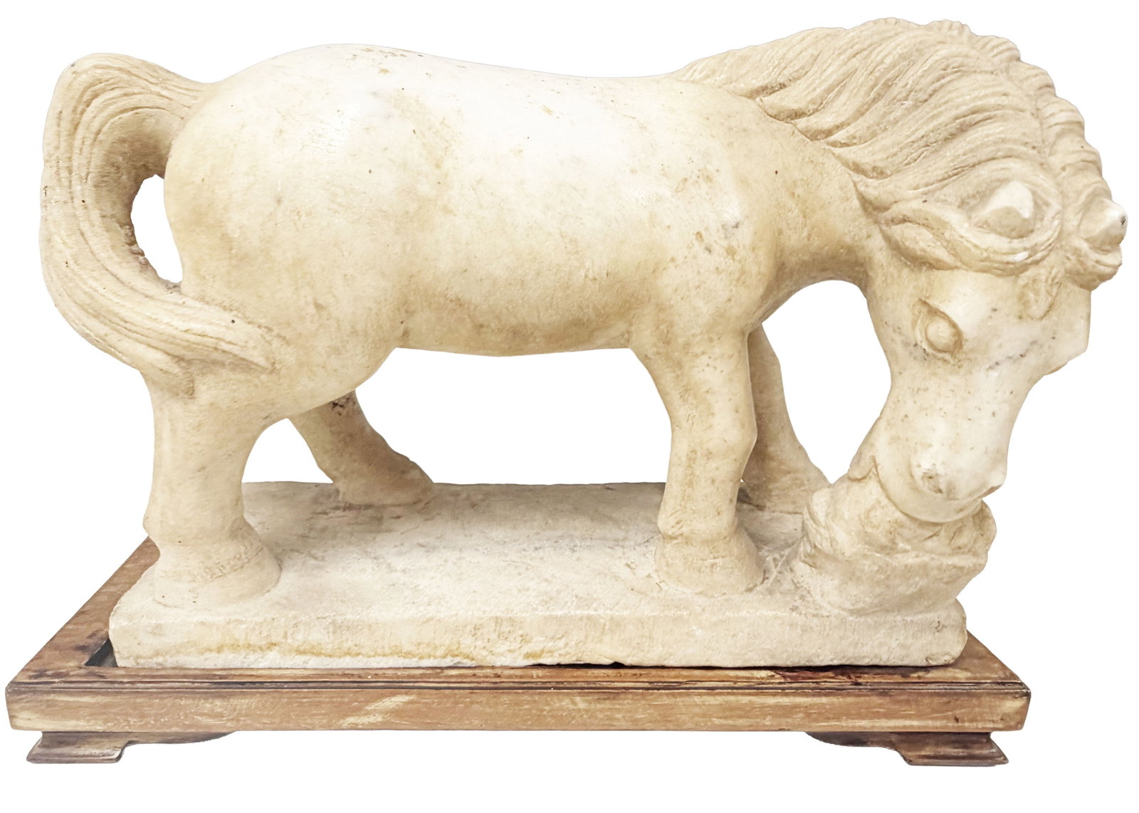 CHINESE CARVED STONE FIGURE OF HORSE WITH STAND: Overall 8" x 13" To be sold with stand Third party shipping only for this lot