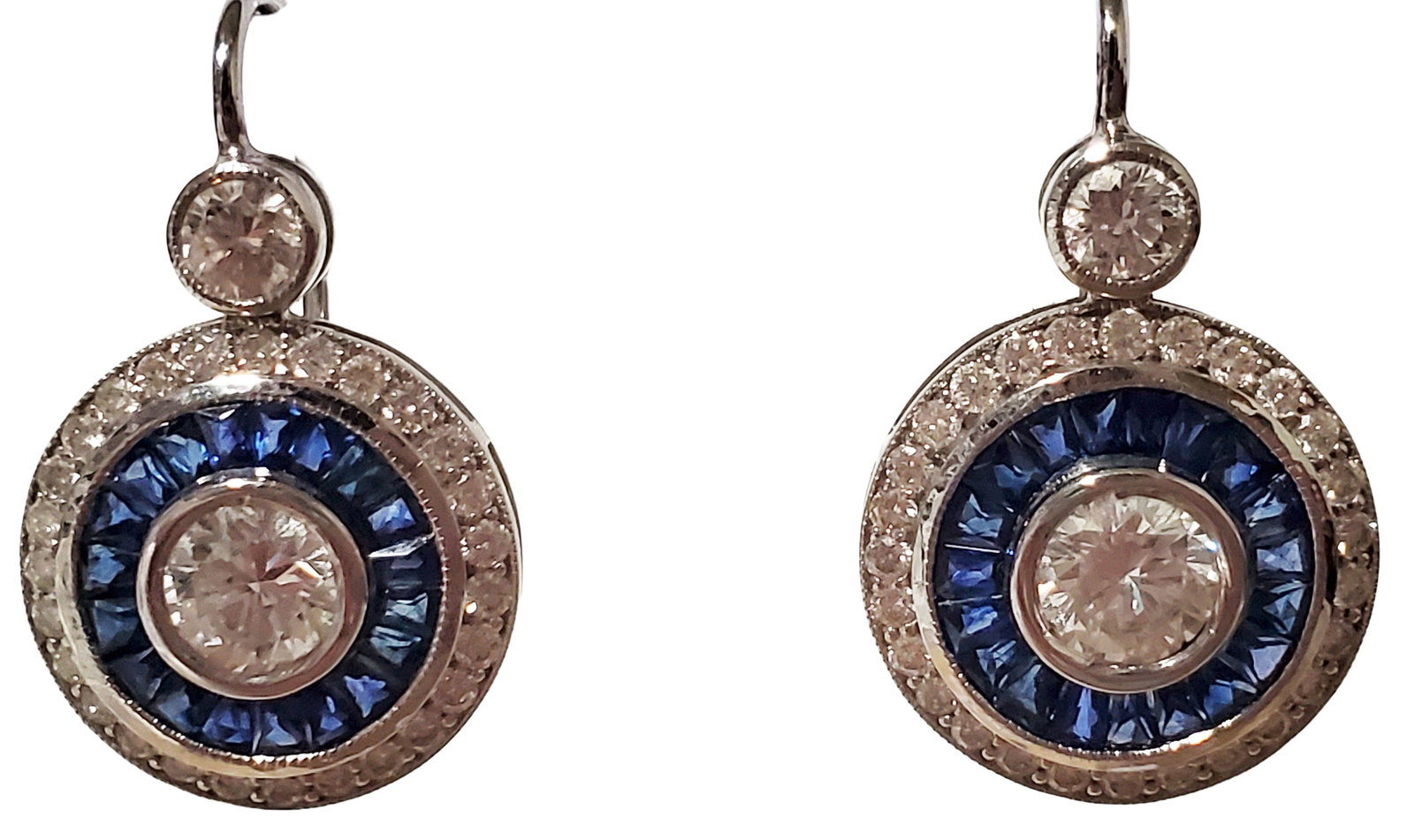 LADYS DIAMOND & SAPPHIRE 14KT WHITE GOLD EARRINGS: Diamonds- 2.5 CT. Sapphire- 1.5 CT. Total weight- 4.4 grams Length- 17 mm Shipping U.S. $25 plus insurance