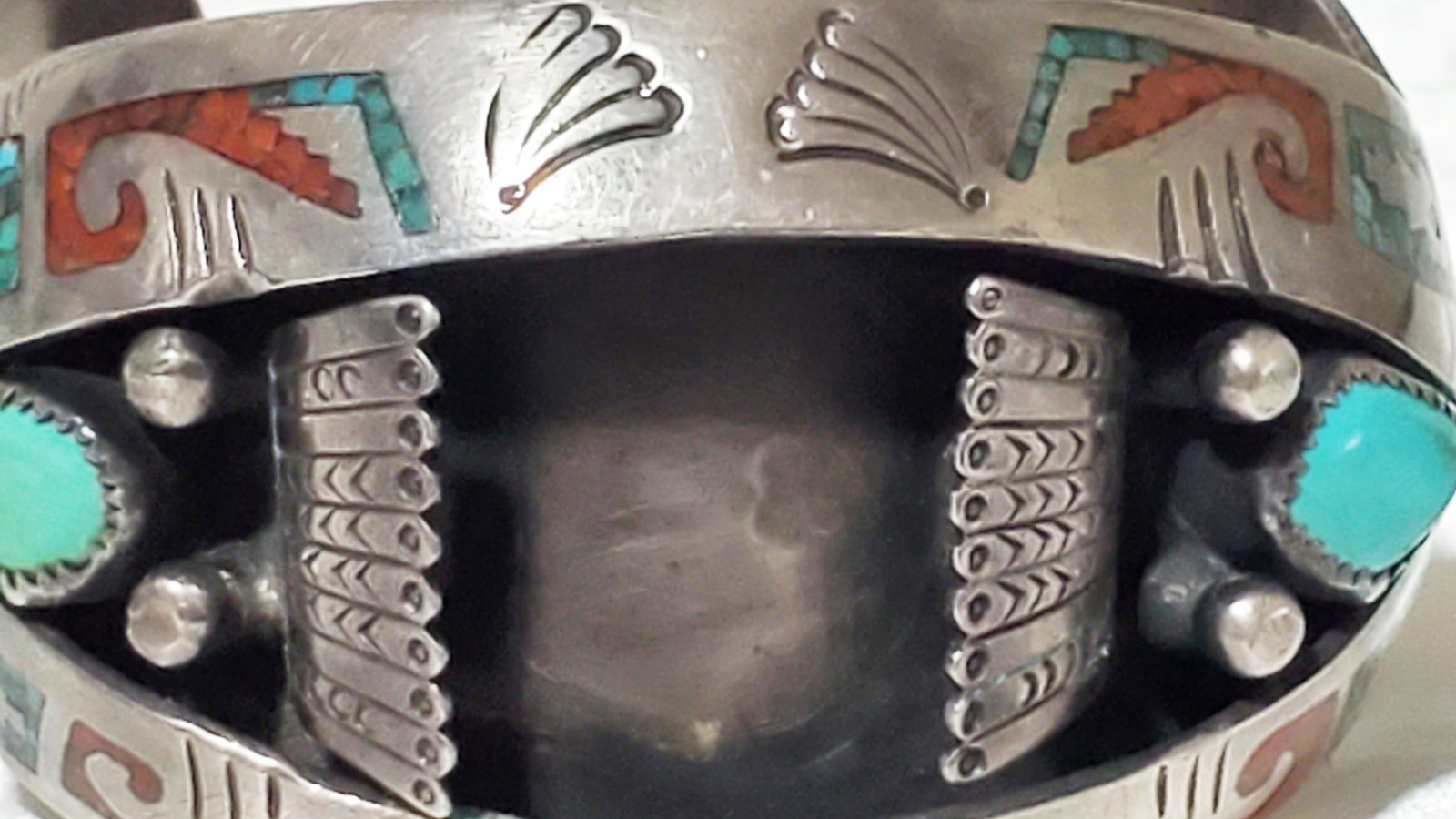 NATIVE AMERICAN SIGNED SILVER TURQUOISE CUFF - 7