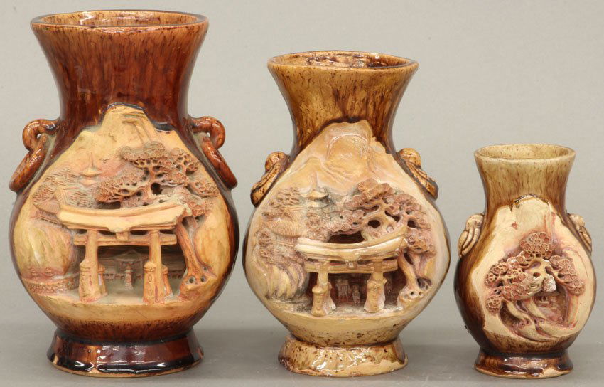 LOT OF (3) VINTAGE JAPANESE CARVED POTTERY VASES