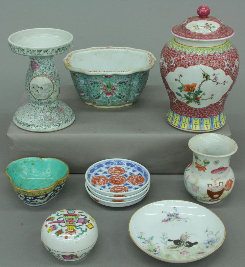 LOT OF (10) VINTAGE CHINESE PAINTED PORCELAINS bowls,: LOT OF (10) VINTAGE CHINESE PAINTED PORCELAINS bowls, plates, vase, jar diameter- 2 1/4"- 6" note- restorations