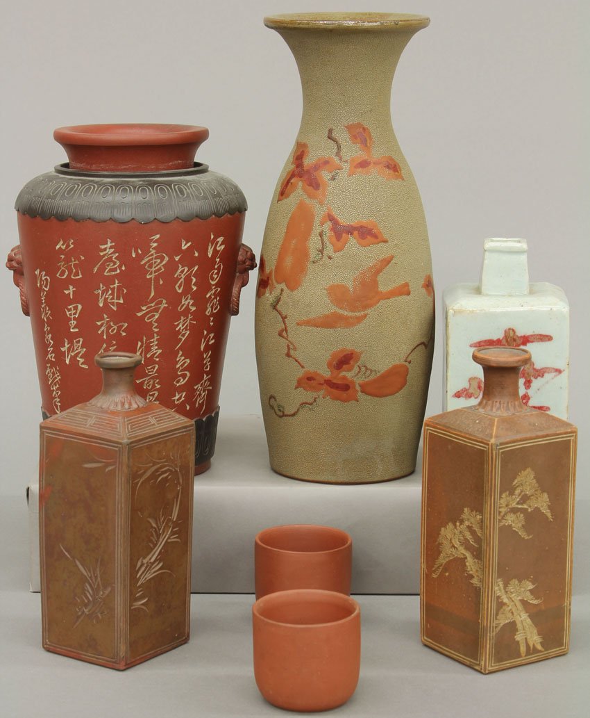 LOT OF (5) JAPANESE VINTAGE POTTERY VESSELS AND (2): LOT OF (5) JAPANESE VINTAGE POTTERY VESSELS AND (2) CUPS height- 2 1/4"- 12 1/2" note- chips