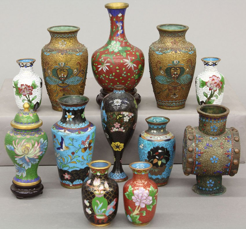 LOT OF (12) VINTAGE CLOISONNE VASES height- 3"- 5 1/2": LOT OF (12) VINTAGE CLOISONNE VASES height- 3"- 5 1/2"