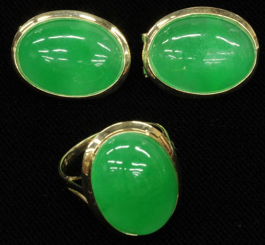 LADIES JADE EARRINGS AND RING set in 14KT: LADIES JADE EARRINGS AND RING set in 14KT