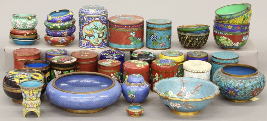 LOT OF (45) VINTAGE CHINESE CLOISONNE ITEMS covered: LOT OF (45) VINTAGE CHINESE CLOISONNE ITEMS covered boxes, plates, vases note- most damaged or restored