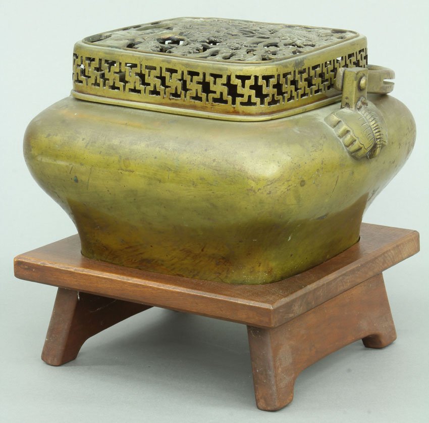 CHINESE CAST METAL INCENSE BURNER circa late 19th: CHINESE CAST METAL INCENSE BURNER circa late 19th century with stand length- 11"
