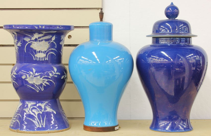LOT OF (3) ASIAN POTTERY VESSELS vase, lamp base and: LOT OF (3) ASIAN POTTERY VESSELS vase, lamp base and covered urn circa 20th century height- 15"- 18"