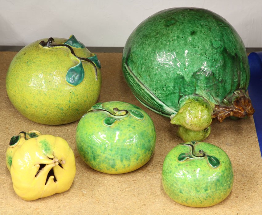 LOT OF (5) CHINESE FRUIT SHAPED PORCELAINS length- 3"-: LOT OF (5) CHINESE FRUIT SHAPED PORCELAINS length- 3"- 8" note- some losses
