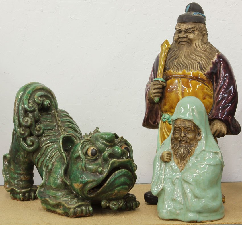 LOT OF (3) CHINESE POTTERY FIGURES height- 7 1/2"- 14": LOT OF (3) CHINESE POTTERY FIGURES height- 7 1/2"- 14"