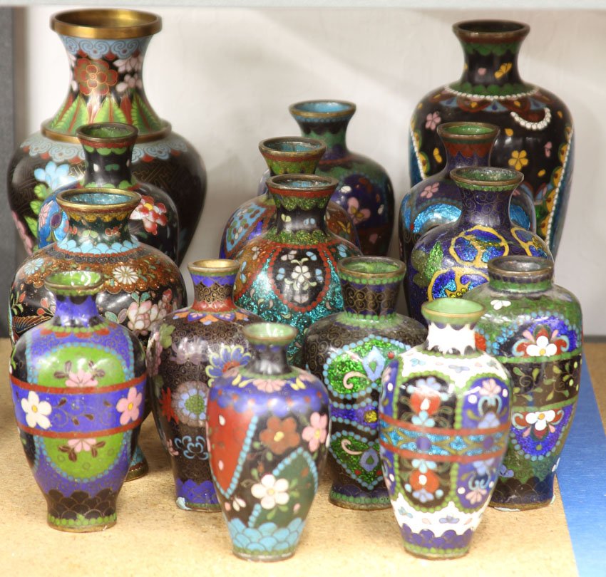 LOT OF (15) CLOISONNE VASES circa early to mid-20th: LOT OF (15) CLOISONNE VASES circa early to mid-20th century height- 3 1/2"- 6" note- damaged