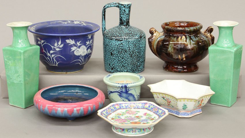 LOT OF (9) ASIAN POTTERY VASES AND BOWLS height- 2"-: LOT OF (9) ASIAN POTTERY VASES AND BOWLS height- 2"- 10"