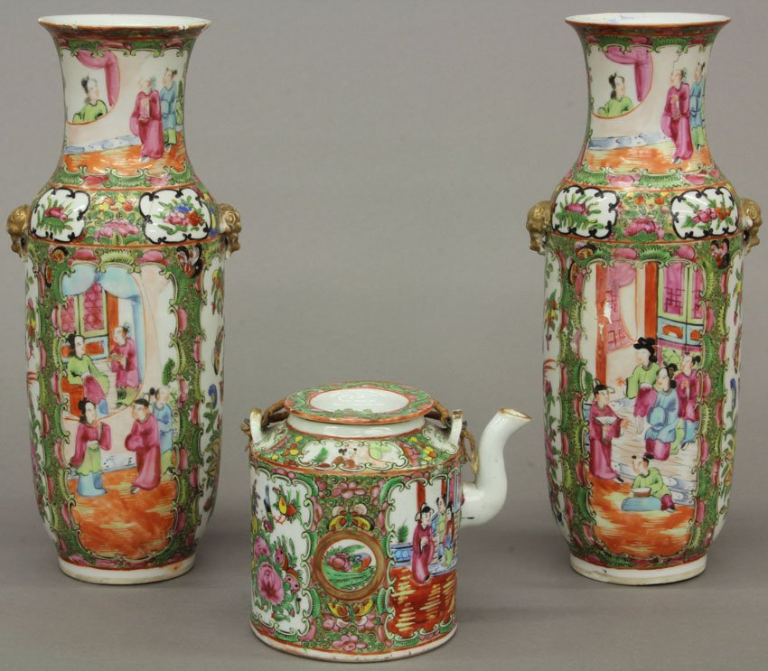 LOT OF (3) CHINESE ROSE CANTON PORCELAINS teapot, vases: LOT OF (3) CHINESE ROSE CANTON PORCELAINS teapot, vases height- 4 3/4"- 12" note- restoration