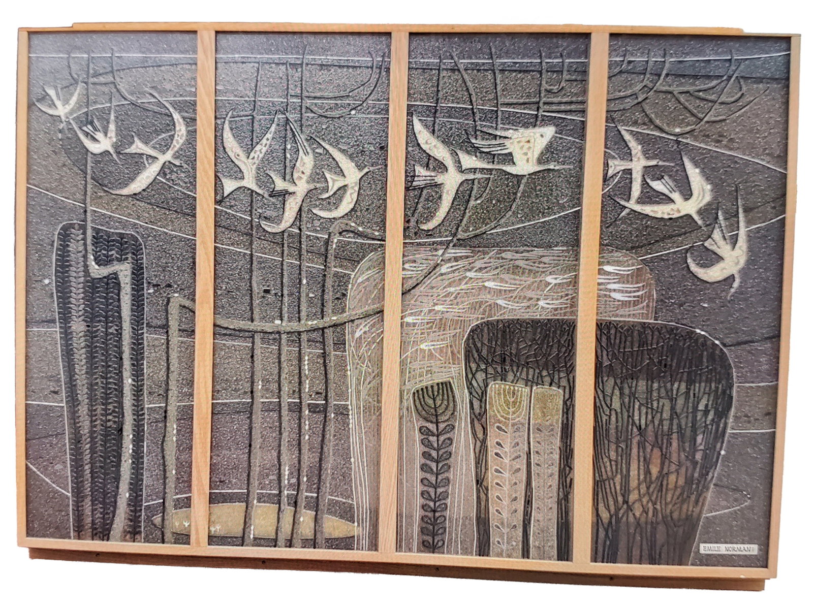 EMILE NORMAN (1963) FOUR PART PAINTING ON ACRYLIC: Shadow box design with electrical wiring (not inspected) Overall- 48 1/2" x 69" Depth- 3" Third party shipping only for this lot