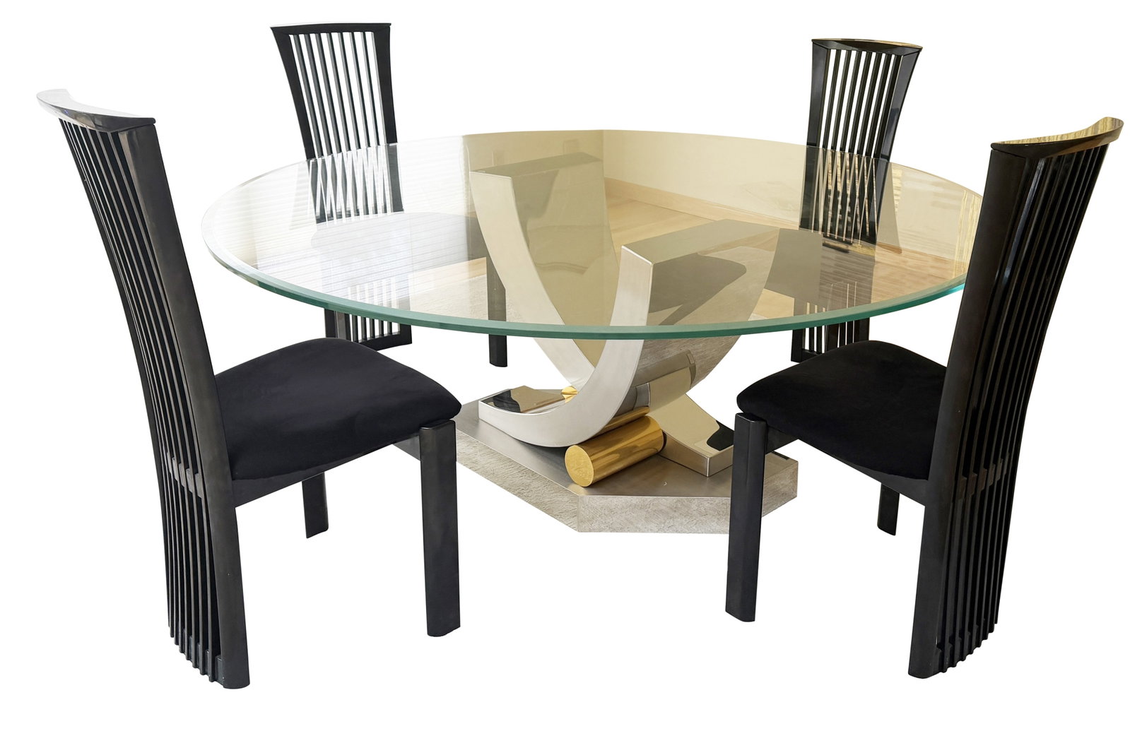 MODERN CHROME BASE GLASS TOP DINING TABLE- SHERES: with (4) black side chairs Third party shipping only for this lot