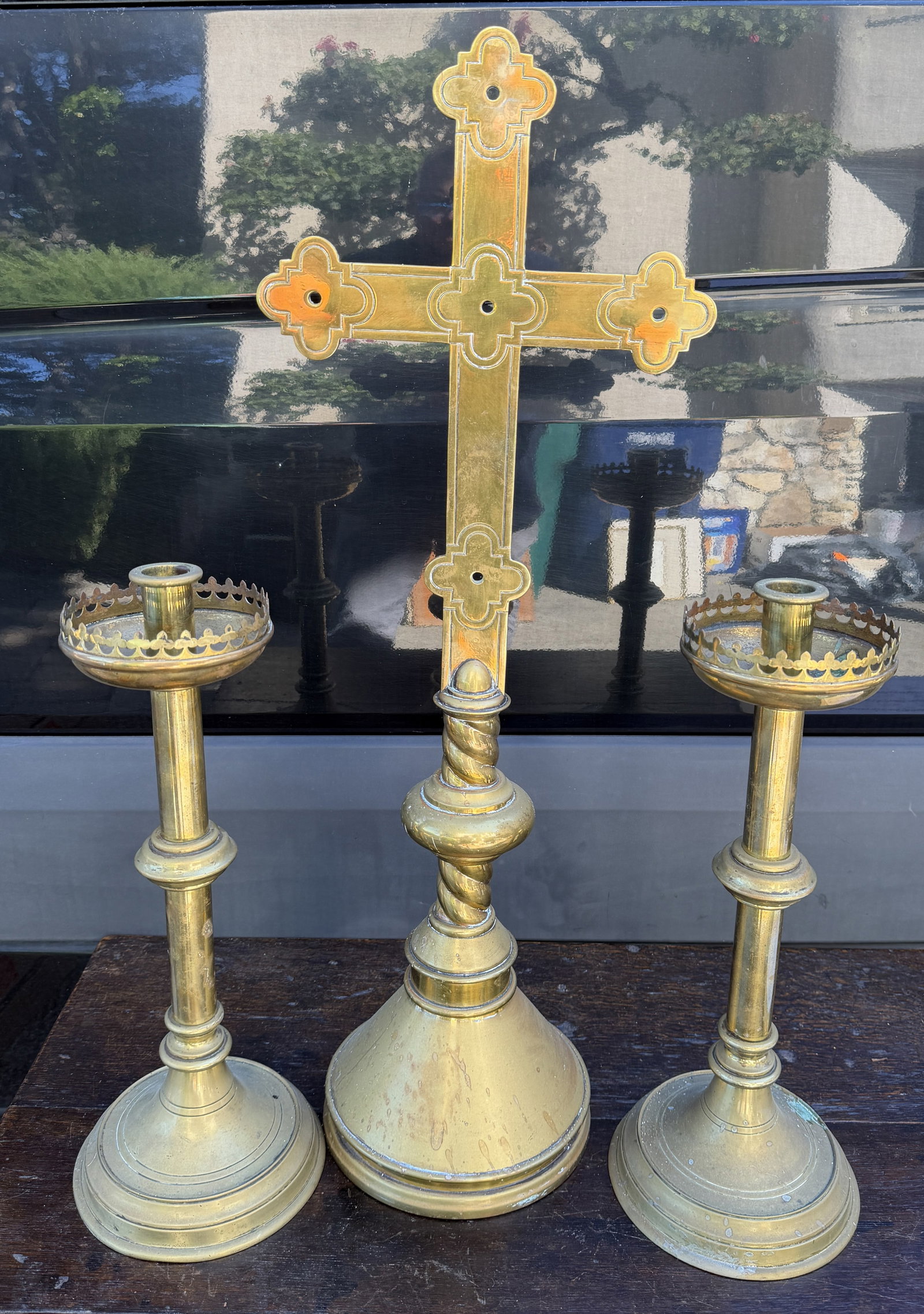 19TH C. BRASS CROSS WITH PAIR CANDLESTANDS - 2