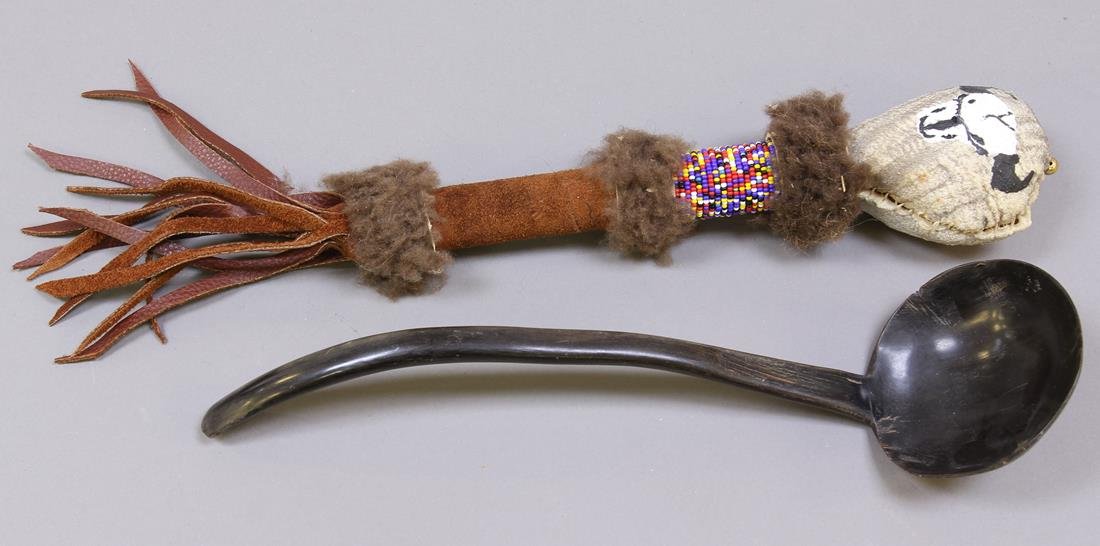 LOT OF (2) NATIVE AMERICAN ITEMS: rattle, horn Tony Corona Collection Length- 11 1/2'", 13 1/4"