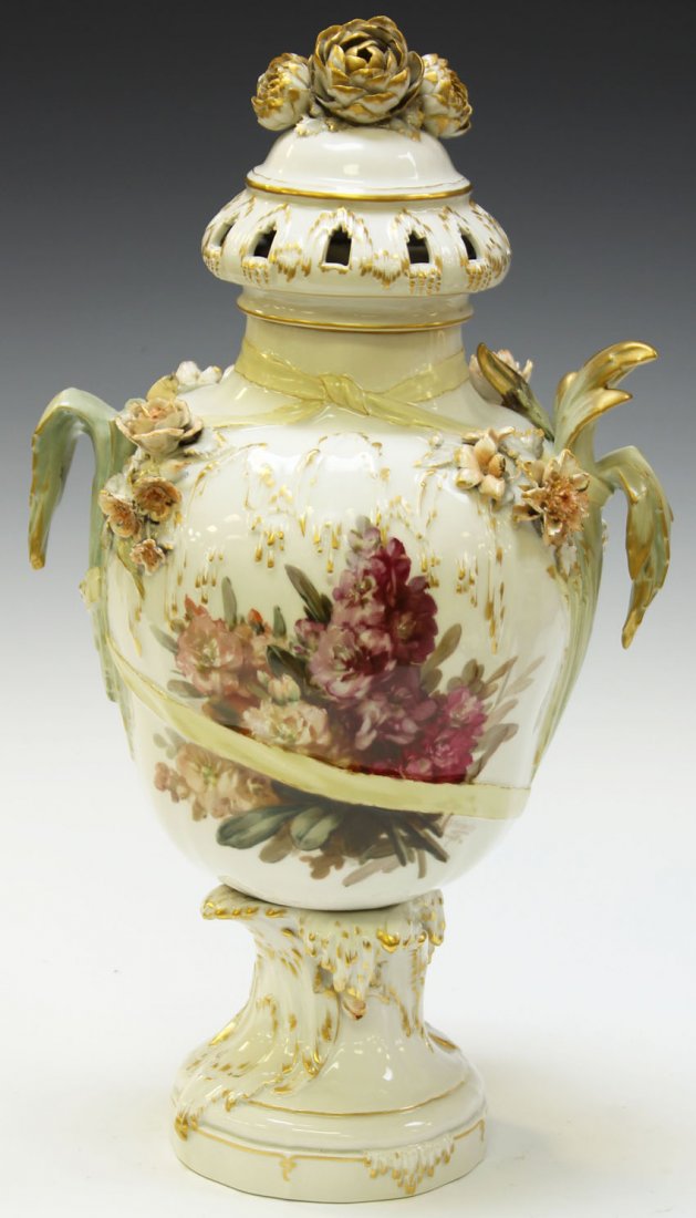 KPM PAINTED PORCELAIN URN: circa early 20th century Height- 16" Condition: Repairs on porcelain